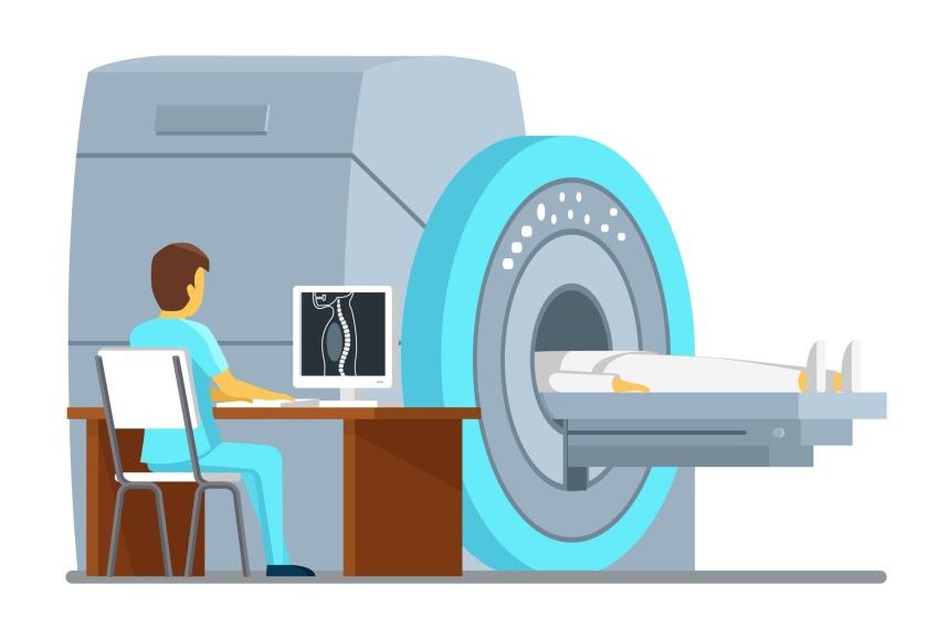 MRI scan and diagnostics. Health and care vector concept. Diagnostic mri patient, hospital mri, scan mri technology. Vector illustration