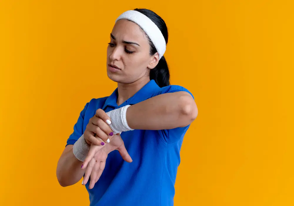 tennis-elbow-or-golfer's-elbow-young-annoyed-caucasian-sporty-woman-wearing-headband-wristbands-holds-hand-orange-with-copy-space